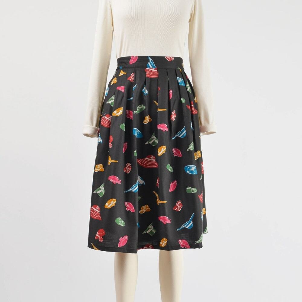 Vintage 80s Black Hat Novelty Print Full Flowy Pleated Midi Skirt Pockets M L